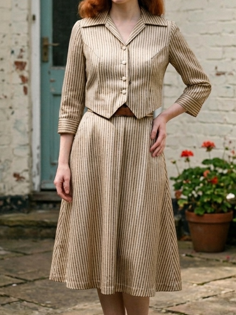 Authentic 1940s Handmade Satin Two Piece Dress Set Striped Vintage